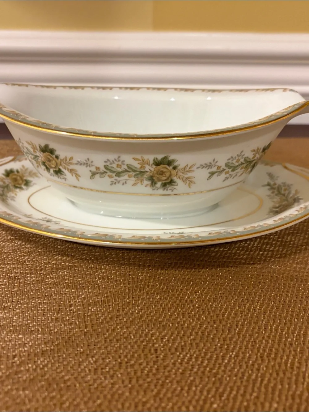 Vintage Noritake Brunswick Pattern Gravy Boat with underplate, Yellow Rose, Oval